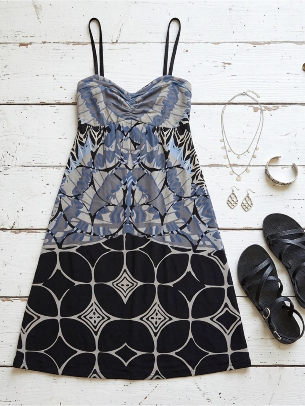 Free People Strapless Black and Blue Patterned Sundress - Picture 2 of 4